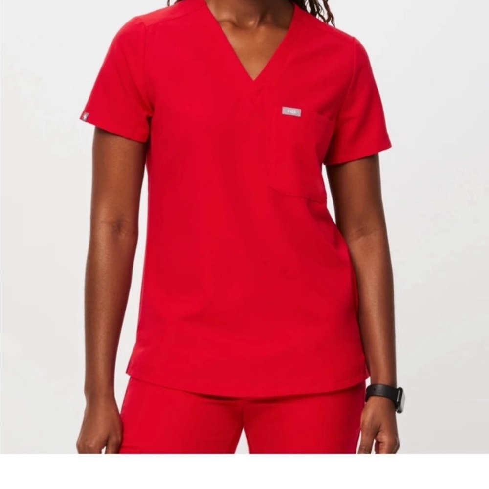 Figs Red Short Sleeve V-Neck Top